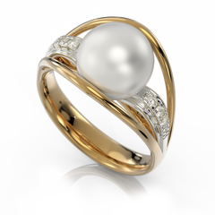 Золотое кольцо с жемчугом и бриллиантами "Cynosure", уточнюйте, 6Кр57-0,05-1/3; 1Перлина культ. (морська Акоя), Белый
