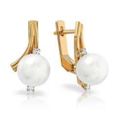 Золотые серьги с жемчугом и бриллиантами "Cuddle", 4.73, 4Кр57-0,11-3/1; 2Перлини культ. (морські Акоя), Белый