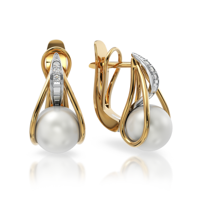 Золотые серьги с жемчугом и бриллиантами "Cynosure", 5.94, 6Кр57-0,04-2/3; 2Перлини культ.(прісн. білі), Белый