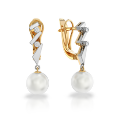 Золотые серьги с жемчугом и бриллиантами "Graceful", 4Кр57-0.03-4/4; 2Перлини культ.(прісн. білі), Белый
