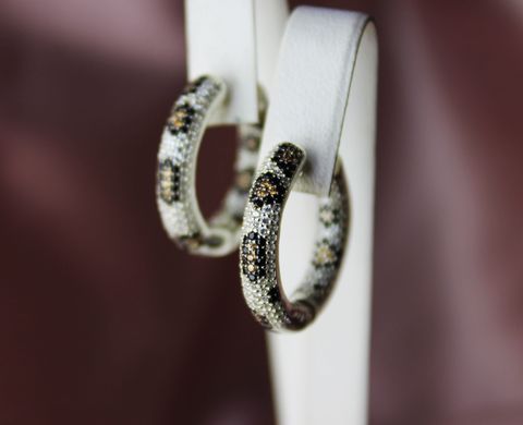 Серебряные серьги кольца "Leopard Style" , Белый-Черный