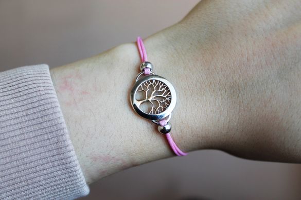 Серебряный браслет с розовой нитью "Tree Year", Универсальный