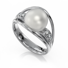 Золота каблучка з перлиною і діамантами "Evanescent", уточнюйте, 6Кр57-0,05-3/3; 1Перлина культ.(прісн. біла), Білий
