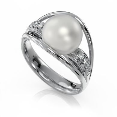 Золота каблучка з перлиною і діамантами "Evanescent", 17.5, 3.36, 6Кр57-0,05-3/3; 1Перлина культ.(прісн. біла), Білий