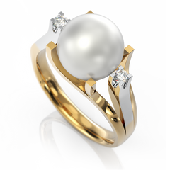 Золота каблучка з перлиною і діамантами "Chatoyant", уточнюйте, 2Кр57-0,07-1/3; 1Перлина культ. (морська Акоя), Білий