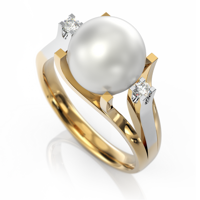 Золота каблучка з перлиною і діамантами "Chatoyant", 16.5, 4.97, 2Кр57-0,08-2/3; 1Перлина культ. (морська Акоя), Білий