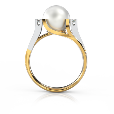 Золотое кольцо с жемчугом и бриллиантами "Chatoyant", уточнюйте, 2Кр57-0,07-1/3; 1Перлина культ. (морська Акоя), Белый