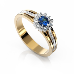 Золотое кольцо с сапфиром и бриллиантами "Amber", уточнюйте, 6Кр57-0.04-4/4; 1Сапфір-0.59-3/II, Синий