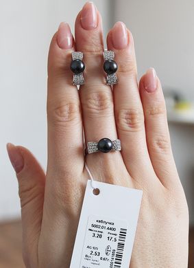 Серебряное кольцо с черным жемчугом "Black Pearl Bow", Черный, 15, Черный