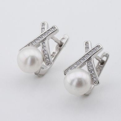 Фото Срібні сережки з ім. перлів і фіанітами