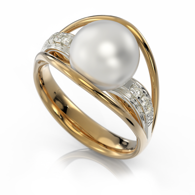 Золотое кольцо с жемчугом и бриллиантами "Cynosure", уточнюйте, 6Кр57-0,05-1/3; 1Перлина культ. (морська Акоя), Белый