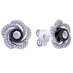 Срібні сережки-гвоздики з фіанітами і керамікою с2119, Черный, Чорний