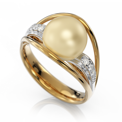 Золотое кольцо с жемчугом и бриллиантами "Evanescent Gold", уточнюйте, 6Кр57-0,06-1/4; 1Перлина культ. (Південних морів)