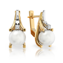 Золоті сережки з перлами і діамантами "Chatoyant", 5.52, 2Кр57-0,08-2/4; 2Перлини культ.(прісн. білі), Білий