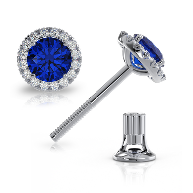 Золоті сережки цвяшки з сапфіром і діамантами "Рassion", 2.86, 24Кр57-0,39-2/5; 2Сапфіра-1,25-3/ІІ, Білий-Синій