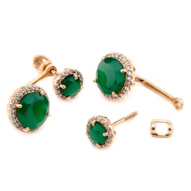Золоті сережки-джекети з зеленим оніксом і фіанітами