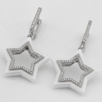 Срібні сережки Звездочки с керамикой і фіанітами, Білий