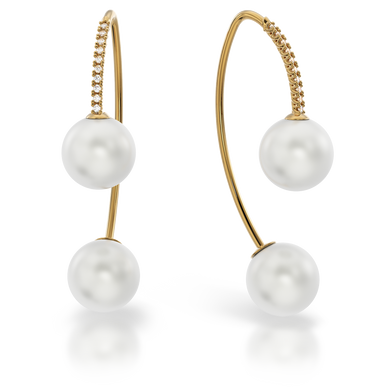 Золоті сережки петельки з перлами і діамантами "Balls D", 4.32, 20Кр57-0,09-1/2; 4Перлини культ.(прісн. білі), Білий