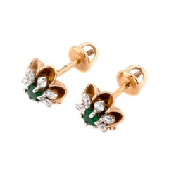 Фото Золоті сережки гвоздики з зеленим оніксом і фіанітами