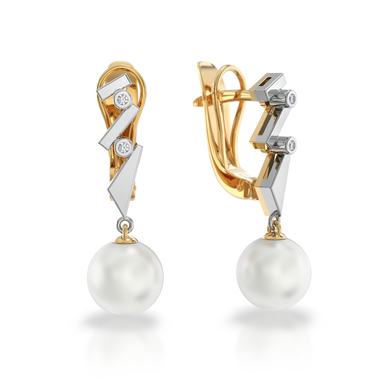 Золоті сережки з перлами і діамантами "Graceful", 4Кр57-0.03-4/4; 2Перлини культ.(прісн. білі), Білий